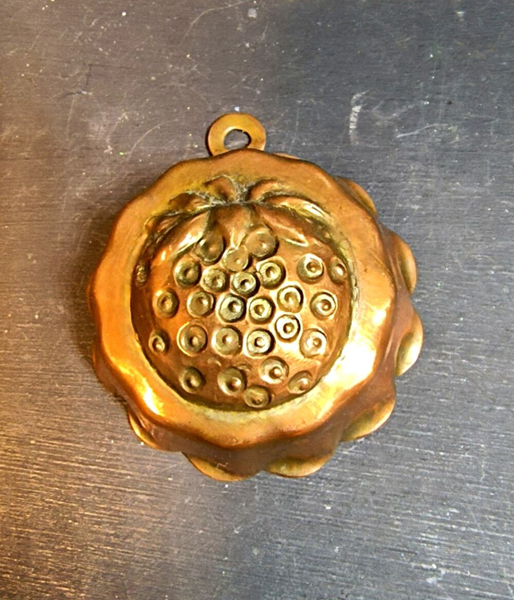 2154.  Mini Vintage Embossed Copper Tin Lined Mold 2 Inch Berry Strawberry